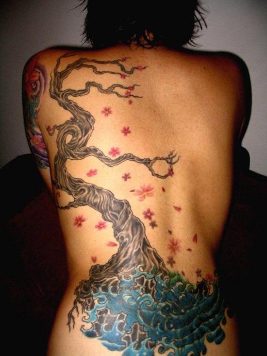 Colored tree tattoo on back