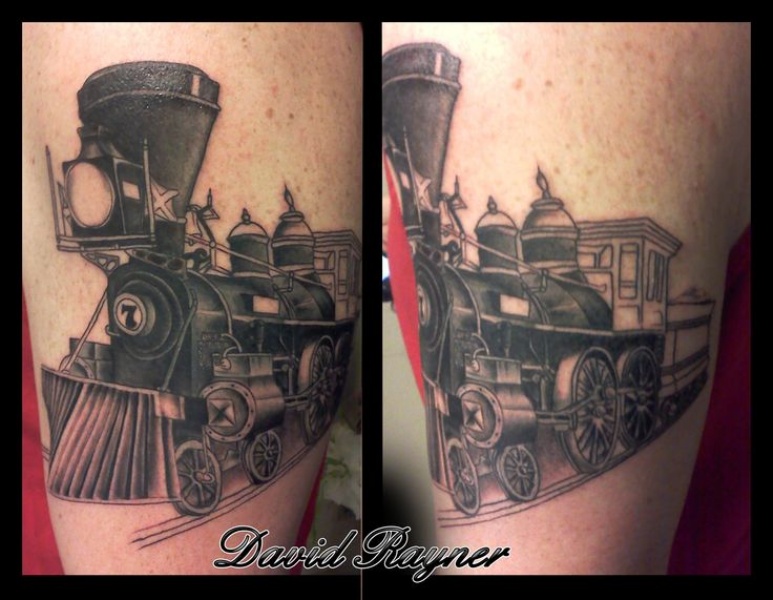 Colored upper arm tattoo of vintage train
