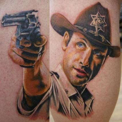 Colored western sherif with gun 3D lifelike tattoo