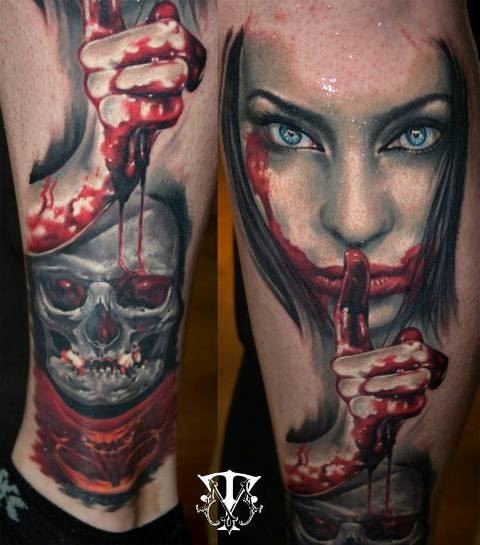 Colorful ankle tattoo of bloody woman with skull