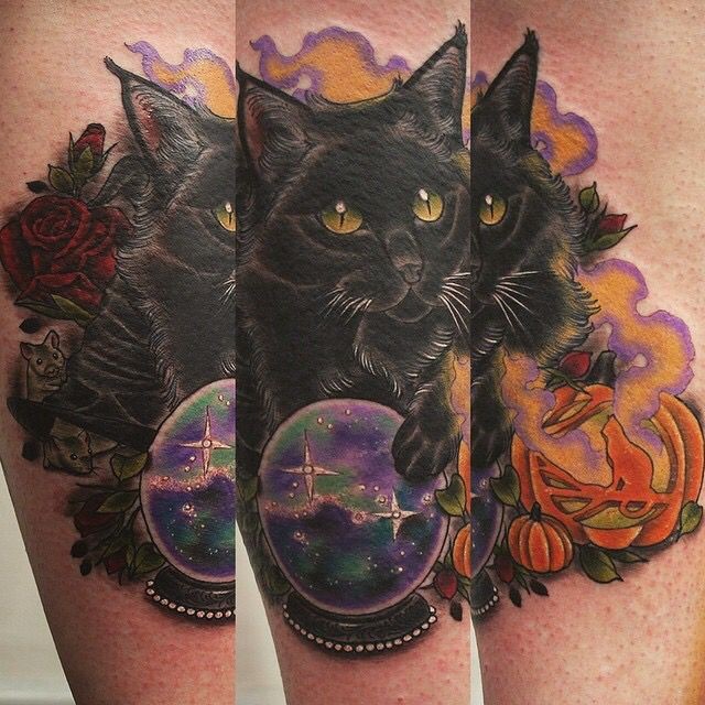 Colorful beautiful looking leg tattoo of dark cat and magical orb