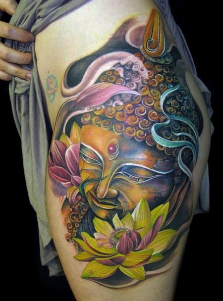 Colorful buddha and lotus tattoo by tony mancia