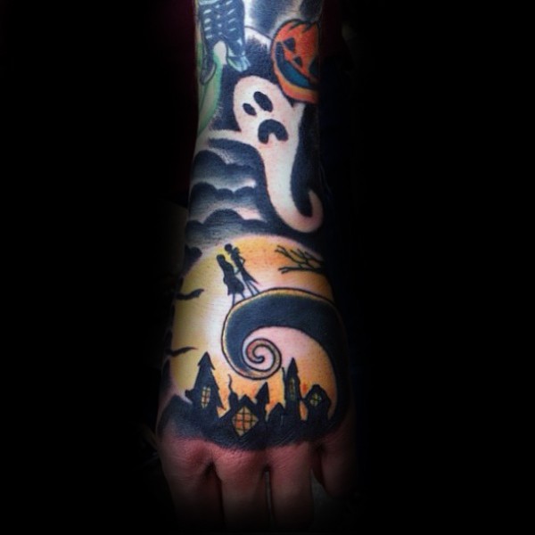 Colorful cartoon style arm tattoo of horror cartoon