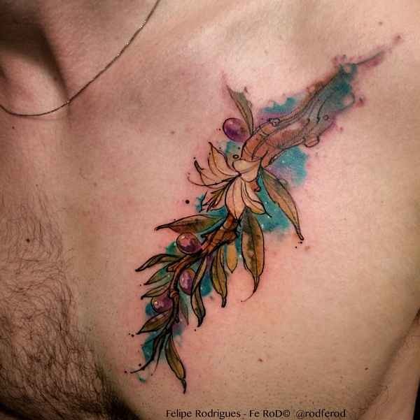 Colorful chest tattoo of little tree branch