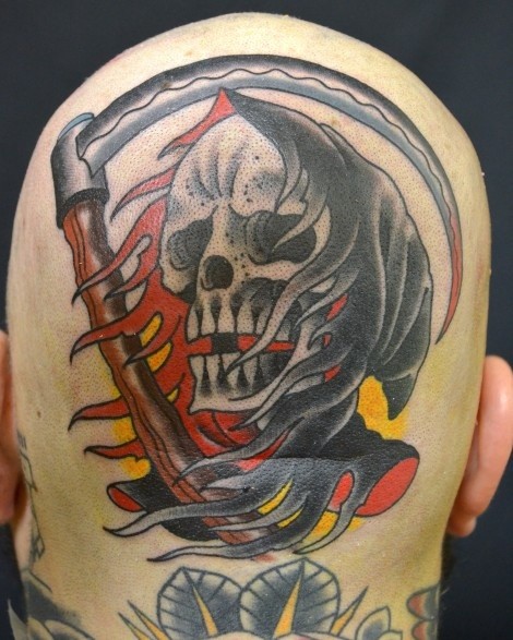 Colorful death tattoo on back of head