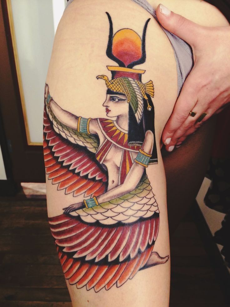Colorful egyptian isis tattoo on arm