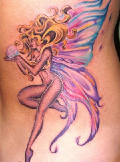 Colorful fairy with a pearl in hands tattoo