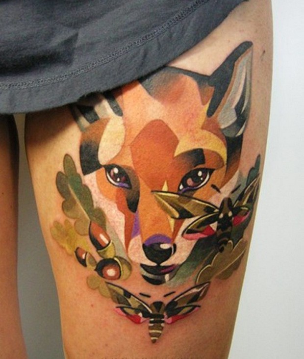 Colorful fox head and butterflies tattoo