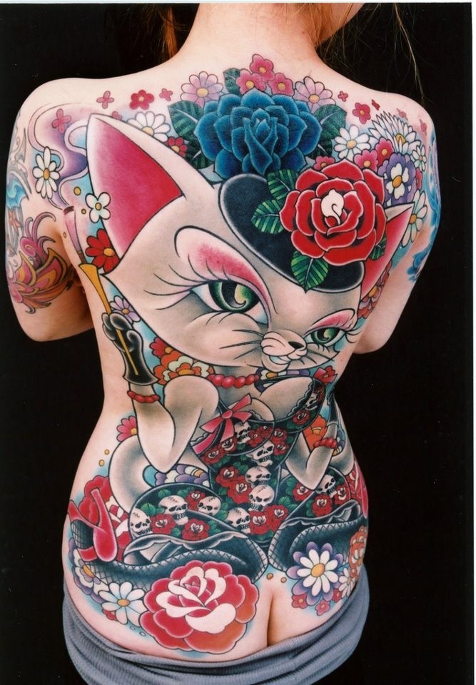 Colorful glamorous cat tattoo on whole back