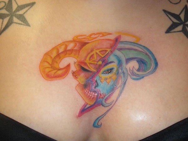 Colorful half angel half demon face tattoo on chest