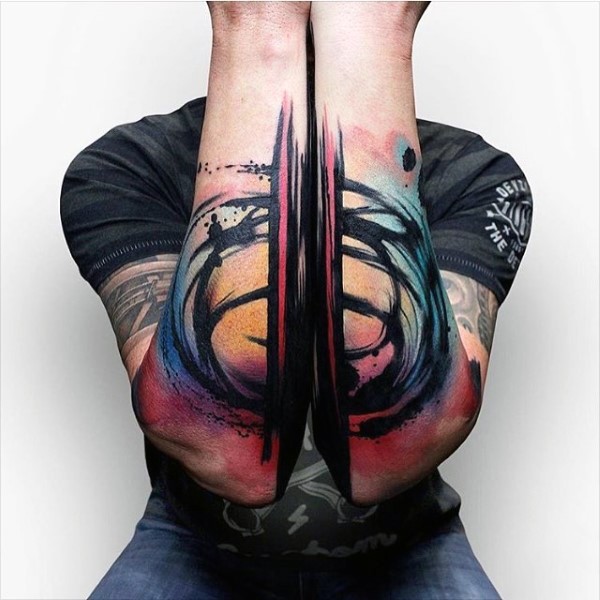Colorful illustrative style abstract picture tattoo on forearms