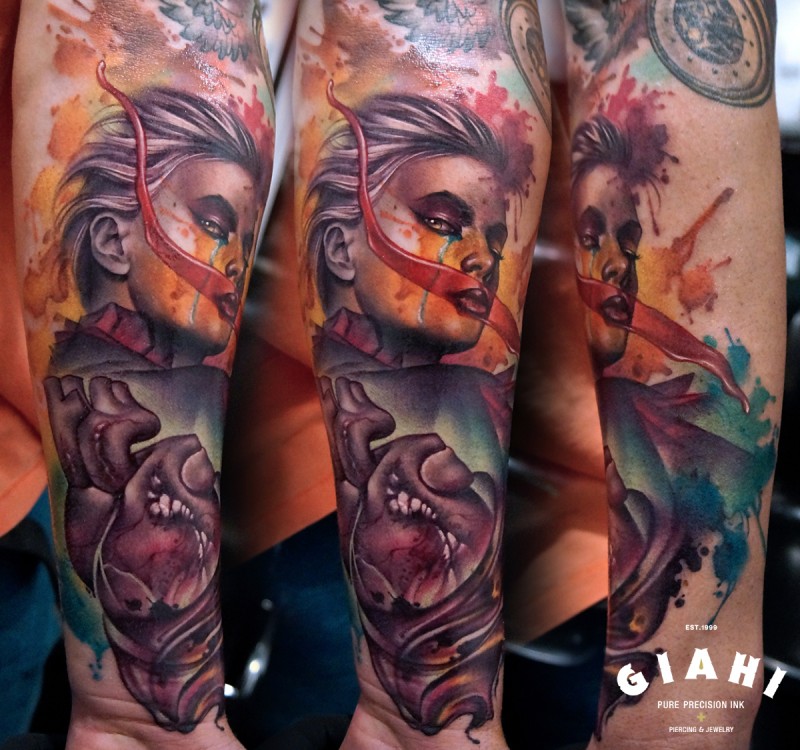 Colorful illustrative style forearm tattoo of bloody woman with heart