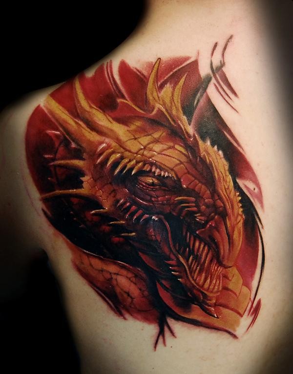 Colorful illustrative style scapular tattoo of fantasy dragon