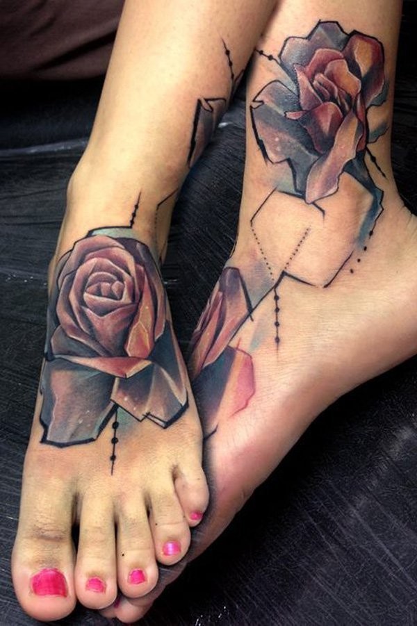 Colorful ink roses foot tattoo for women