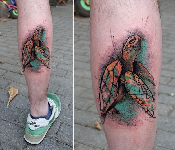 Colorful leg muscle tattoo of swimming turtle