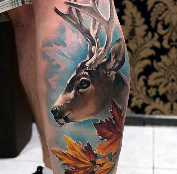 Colorful natural looking leg tattoo of beautiful deer
