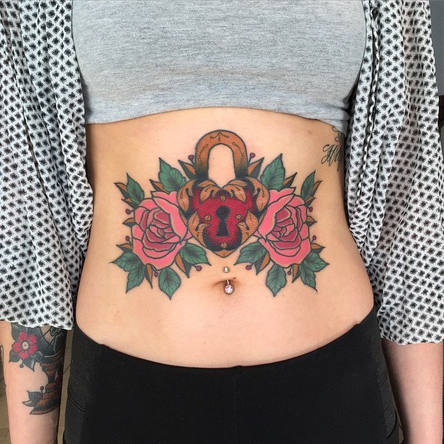 Colorful old school style belly tattoo of roses with heart shaped lock