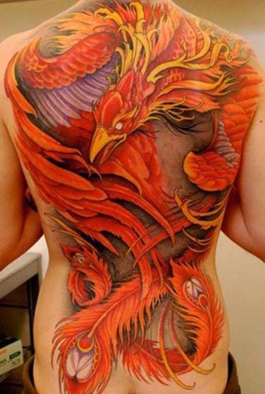 Colorful phoenix tattoo on whole back by johan finne