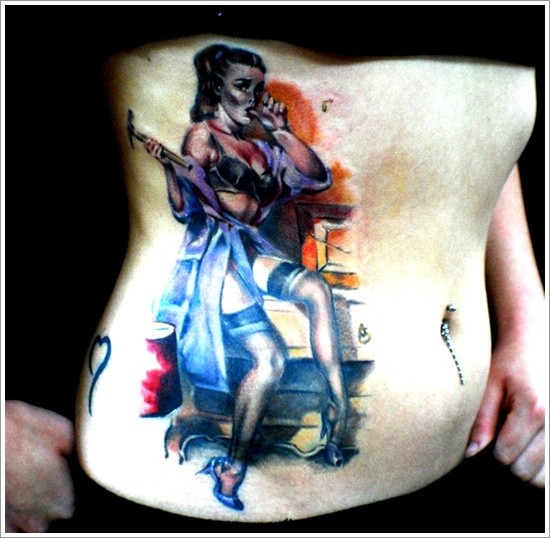 Colorful pin up girl tattoo on ribs