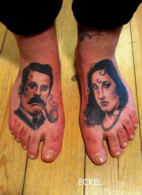 Colorful portraits of men and women tattoo on feet by Eckel