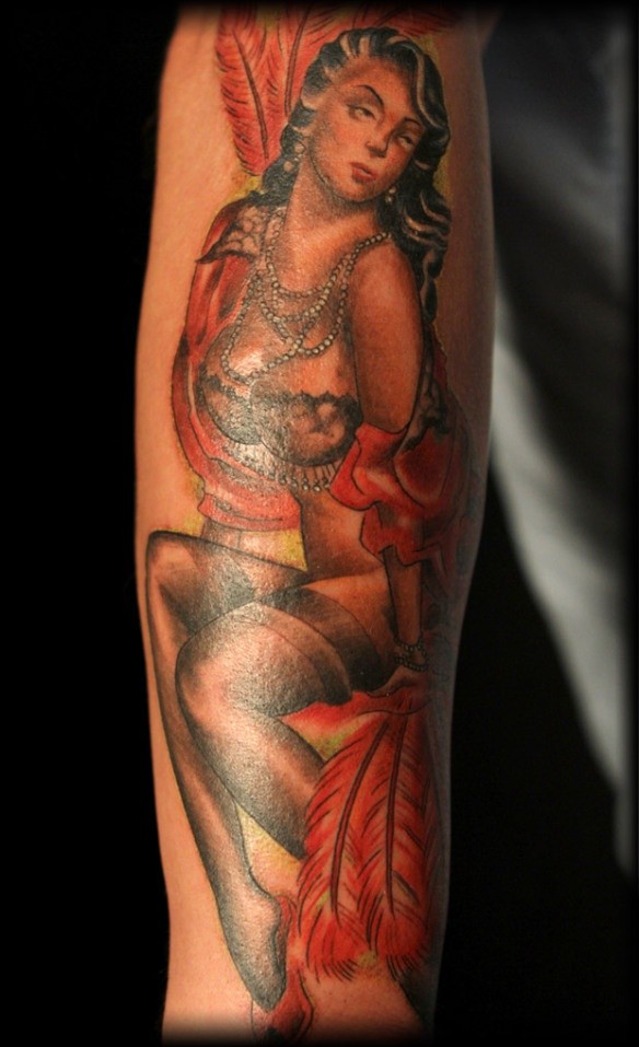 Colorful realistic looking forearm tattoo of seductive woman