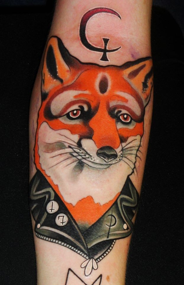 Colorful red fox tattoo by Adriaan Machete