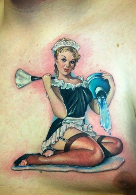 Colorful seductive maid pin up girl tattoo by David Corden