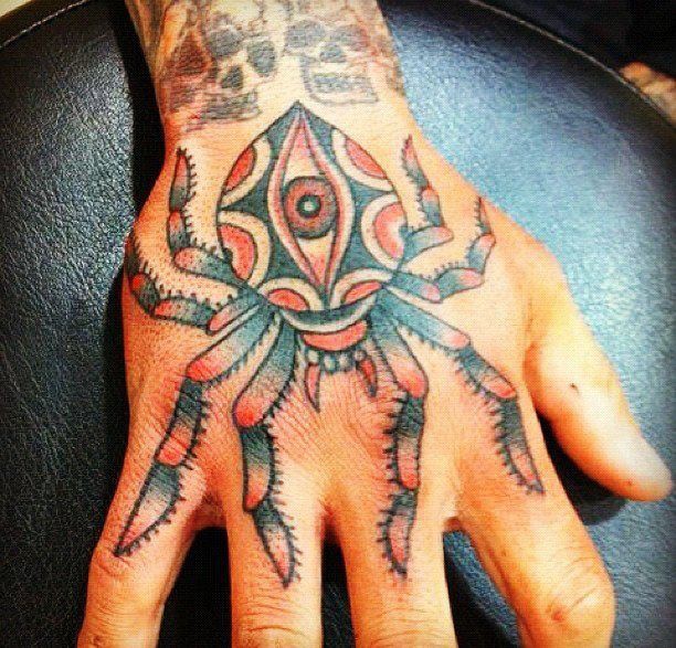 Colorful spider tattoo on hand