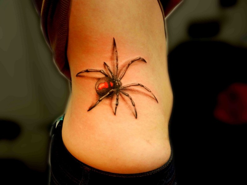 Colorful spider tattoo on ribs