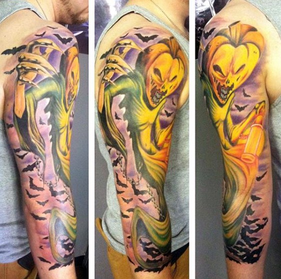 Colorful stunning looking sleeve tattoo of pumpkin ghost