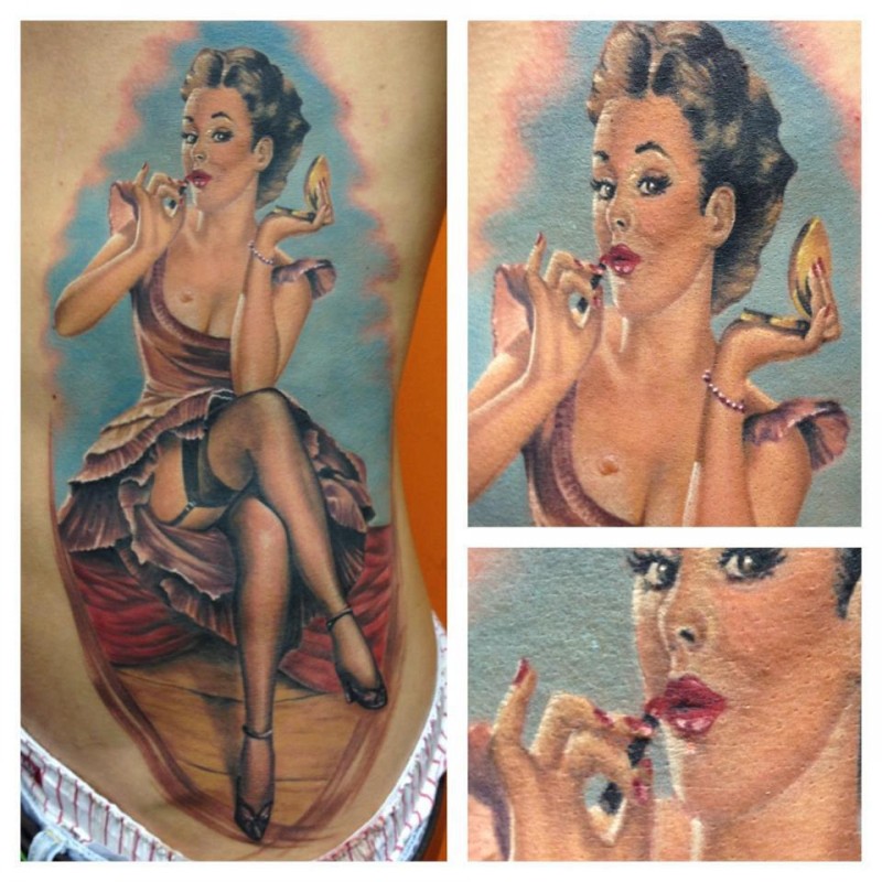 Colorful vintage pin up girl with red lipstick tattoo by Randy Engelhard