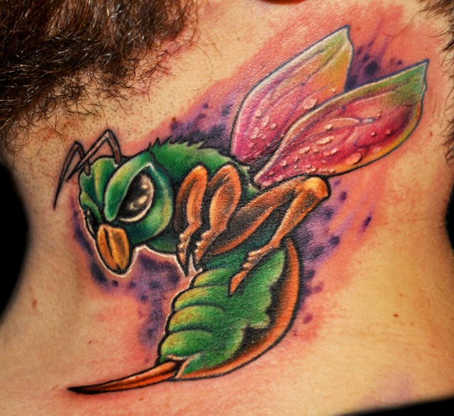 Coloured angry bee tattoo on neck