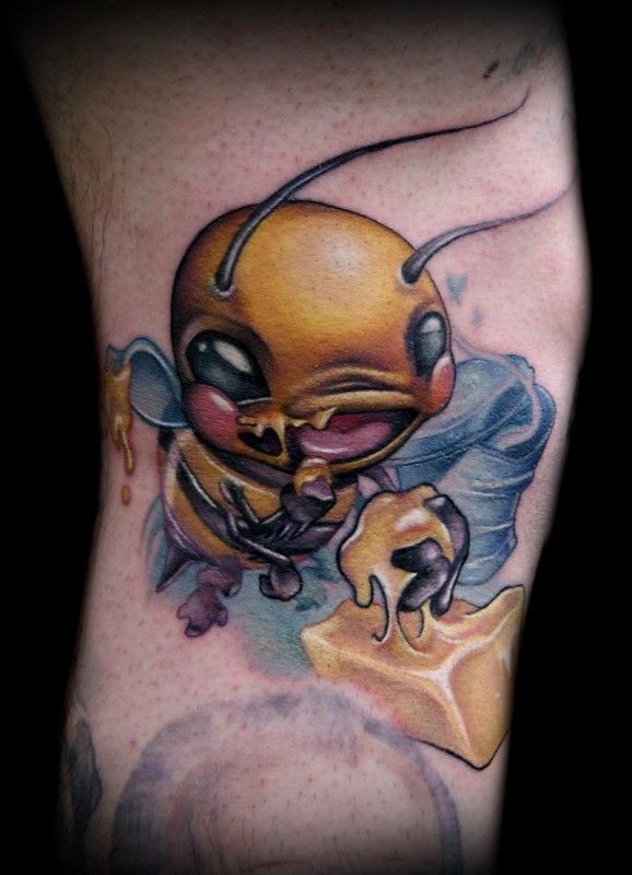 Coloured bee and honey tattoo by Kelly Doty