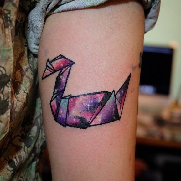 Coloured bird origami tattoo by Karl Hung