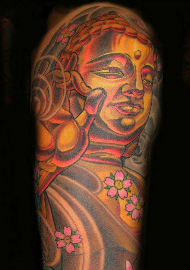 Coloured buddha tattoo on half sleeve