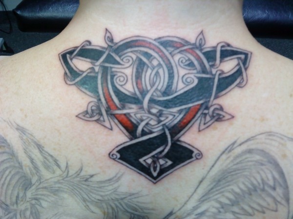 Coloured celtic knot tattoo on back