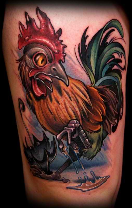 Tatuaggio colorato il gallo & l&quotombrello & la pioggia