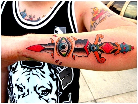 Coloured dagger with eye forearm tattoo
