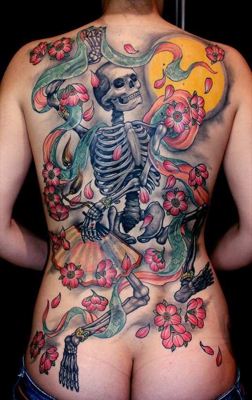 Coloured dancing skeleton with flowers tattoo on whole back