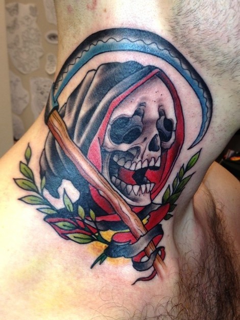Coloured death with scythe tattoo on neck