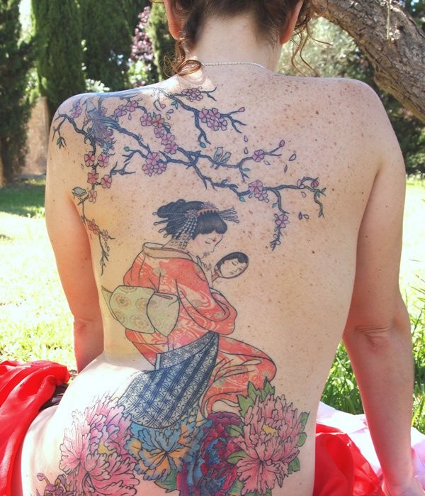 Coloured detailed geisha tattoo for girls