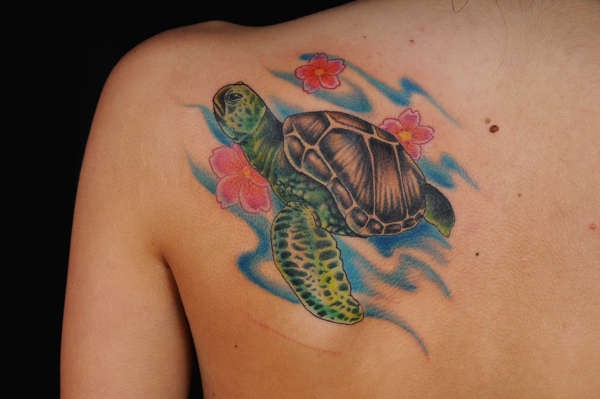 Coloured flowers and sea turtle tattoo on shoulder blade