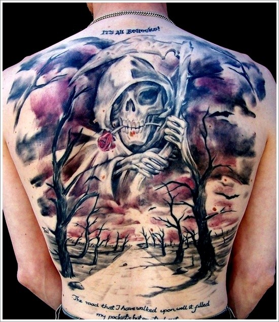 Coloured grim reaper with a scythe tattoo on back