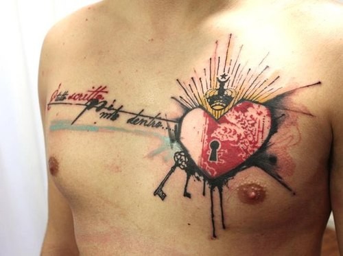 Coloured heart and keys trash polka tattoo on chest