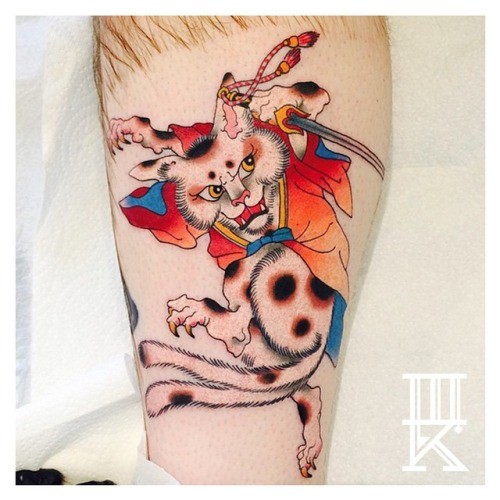 Coloured japanese cat tattoo by Adam Machin