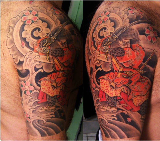 Coloured japanese samurai tattoo on shoulder