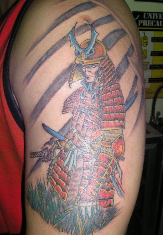 Coloured japanese samurai with sword tattoo on shoulder