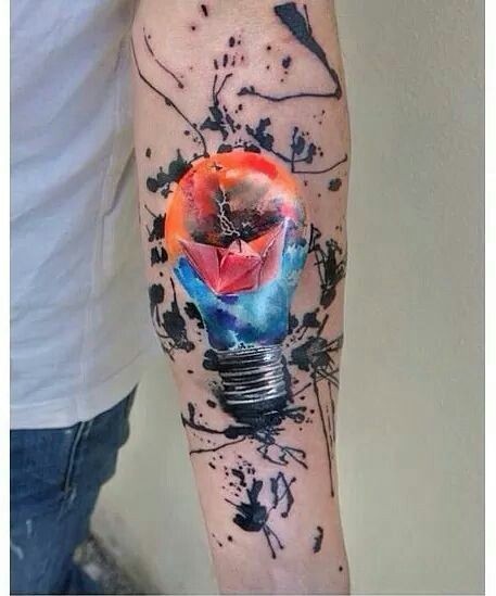 Coloured lightbulb forearm tattoo