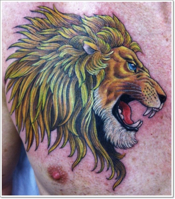 Coloured lion head tattoo on chest