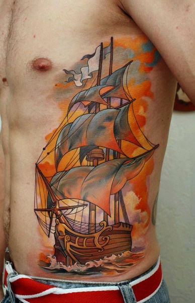 Coloured lovely ship tattoo on ribs